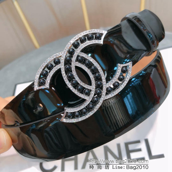 CHANEL香奈兒 18新款 30mm精品 CC珍珠滿鑽鏤空扣 樹膏底妖帶 網紅同款腰帶  xfp1161